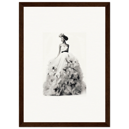 Elegant black and white watercolor of a figure in a ballgown from Dreams Bloom Eternal