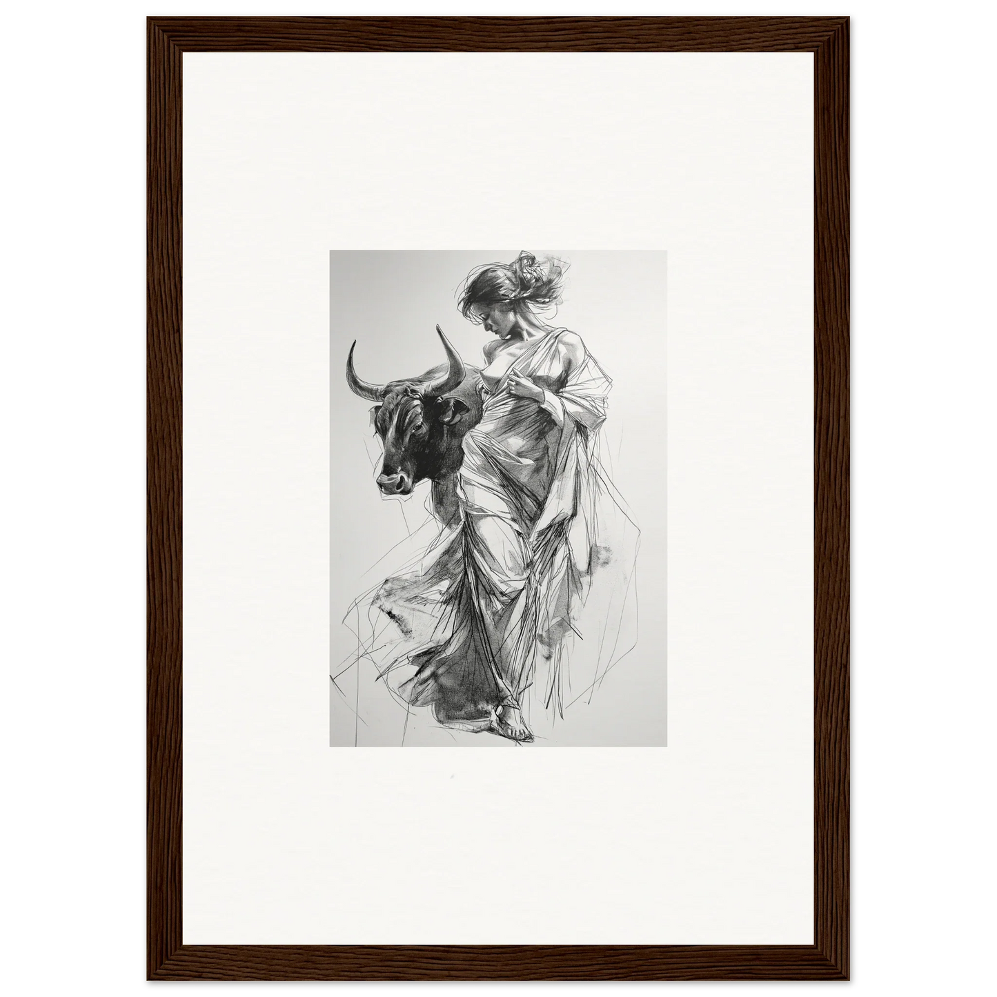 Black and white sketch of a woman in robes with a bull for Splashing Gaze Melds