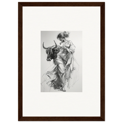 Black and white sketch of a woman in robes with a bull for Splashing Gaze Melds