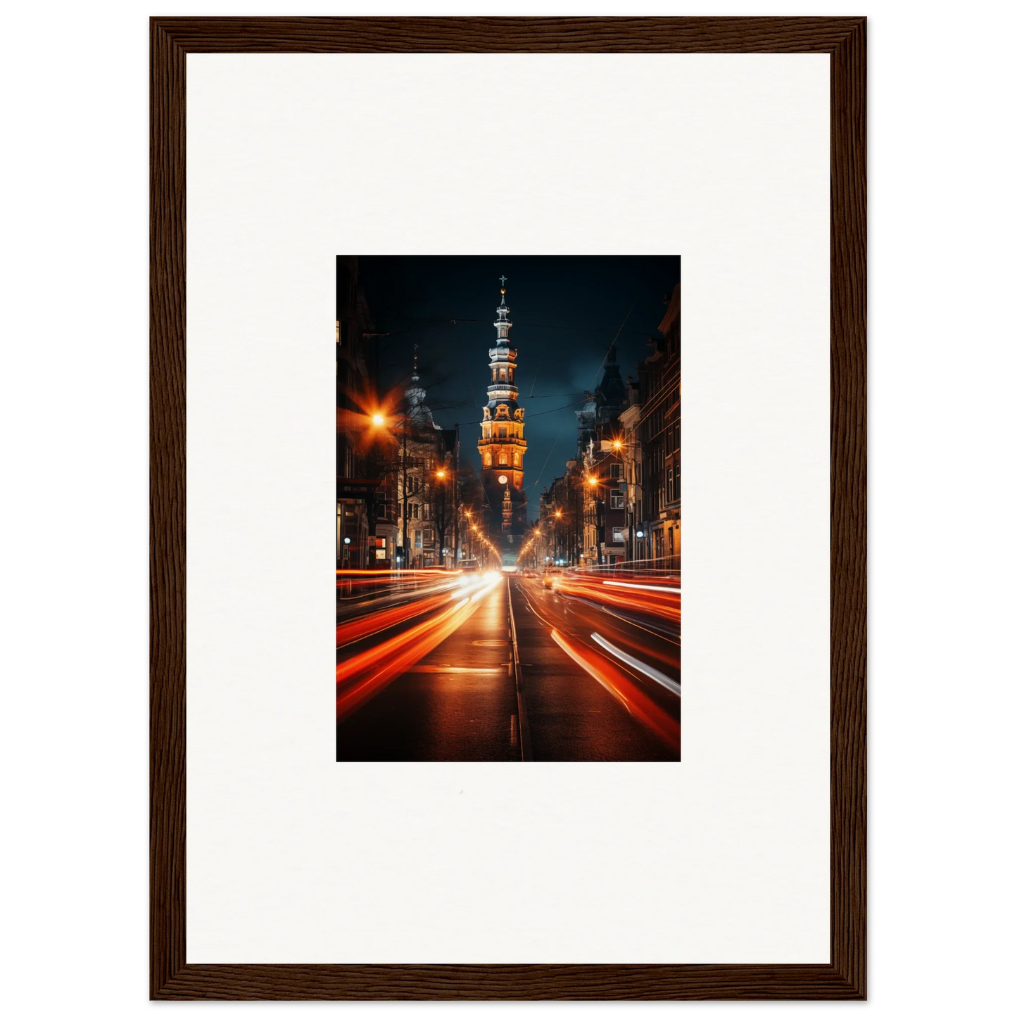 Framed Umbra Urban Nocturne art with light trails and a glowing church spire at night