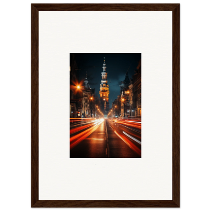 Framed Umbra Urban Nocturne art with light trails and a glowing church spire at night