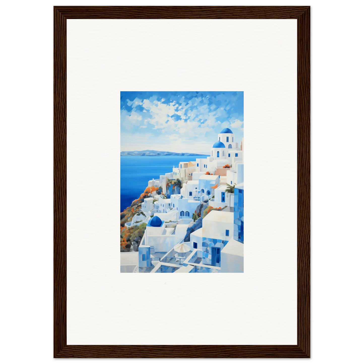 Framed watercolor painting of Santorini buildings in premium wall art for Serendipity Through Sparrows