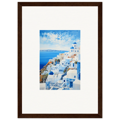 Framed watercolor painting of Santorini buildings in premium wall art for Serendipity Through Sparrows