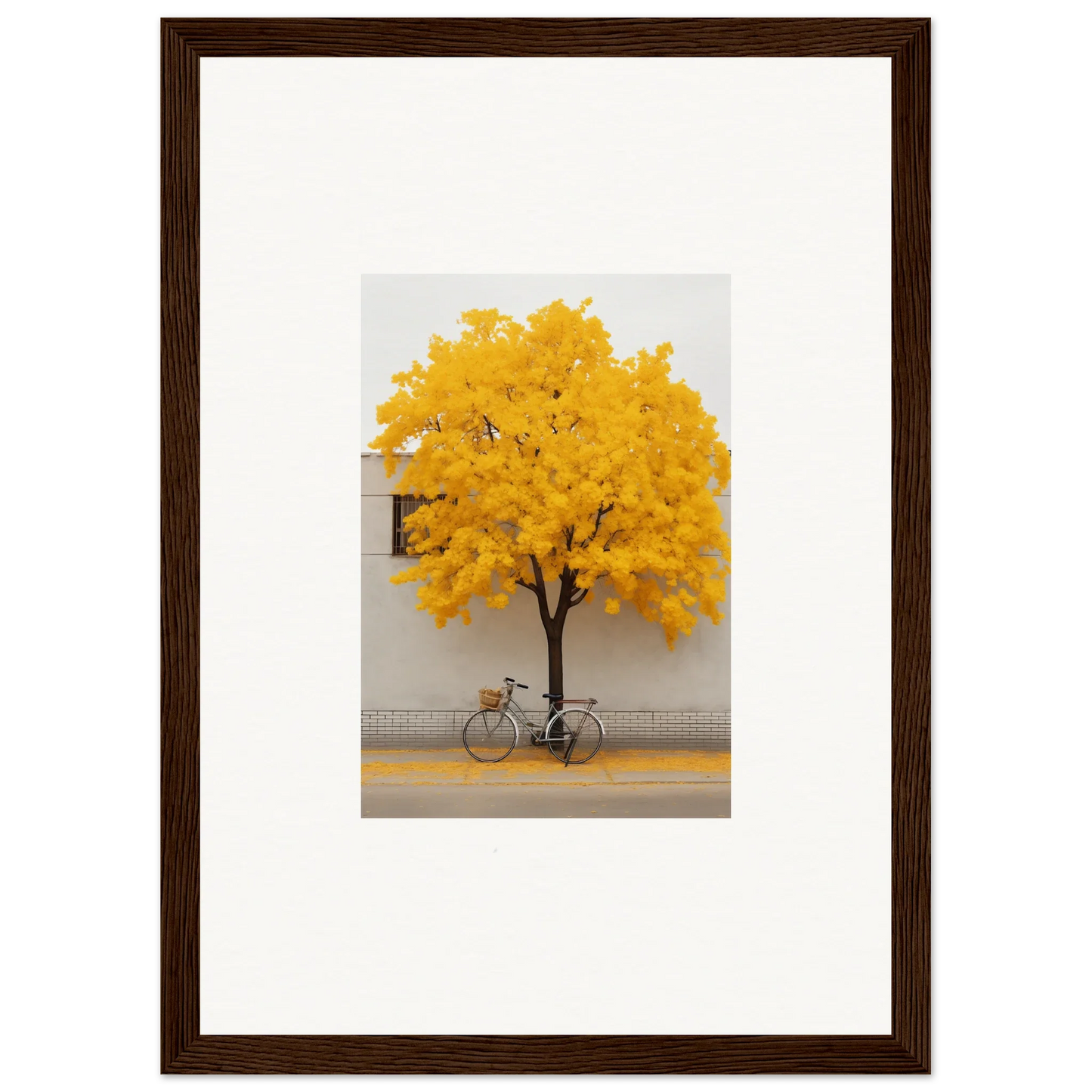 Bicycle under yellow-leafed tree in Lemonade Gaze Reverie framed wall art