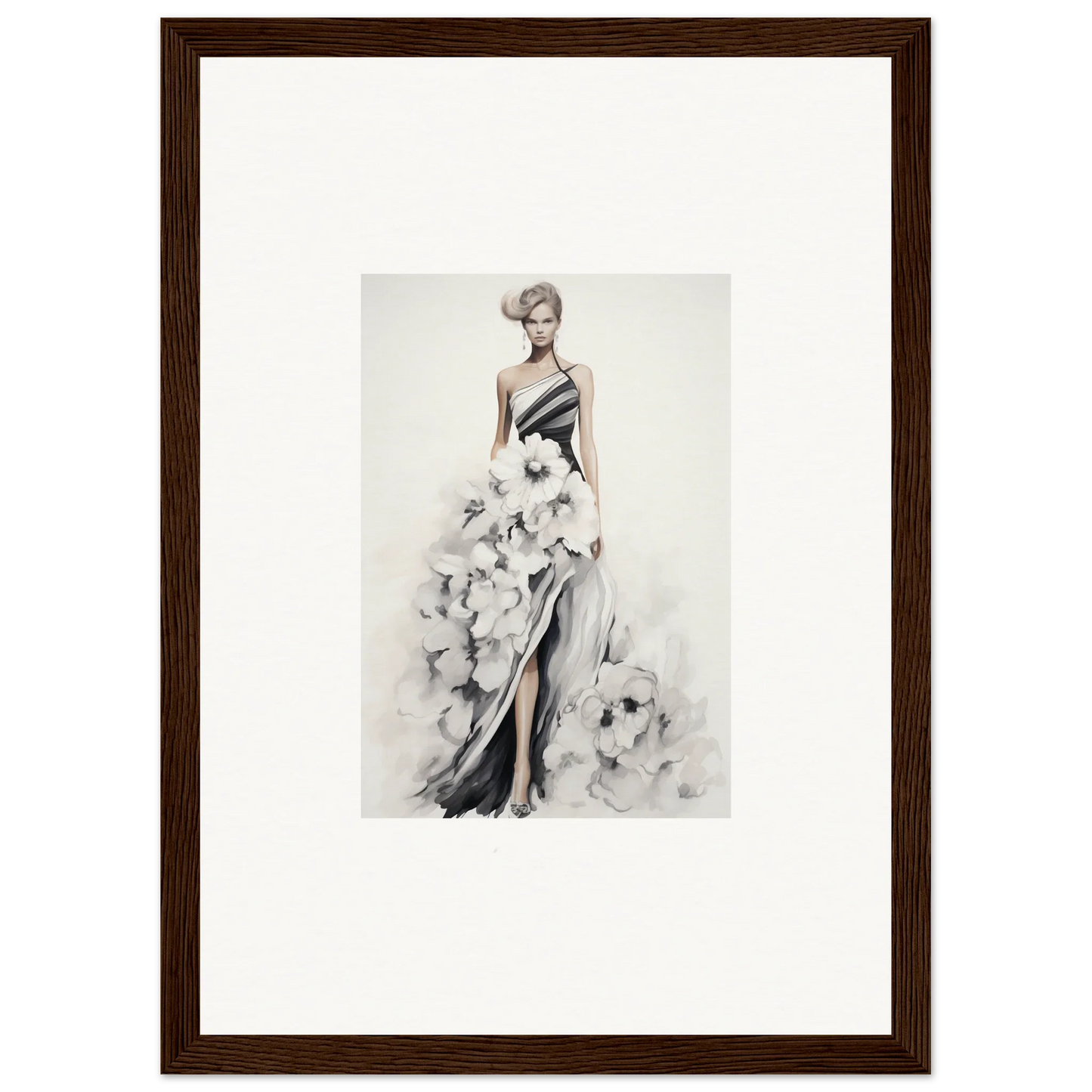 Fashion illustration of Dreamy Blossom Mirage evening gown with ruffles, framed wall art