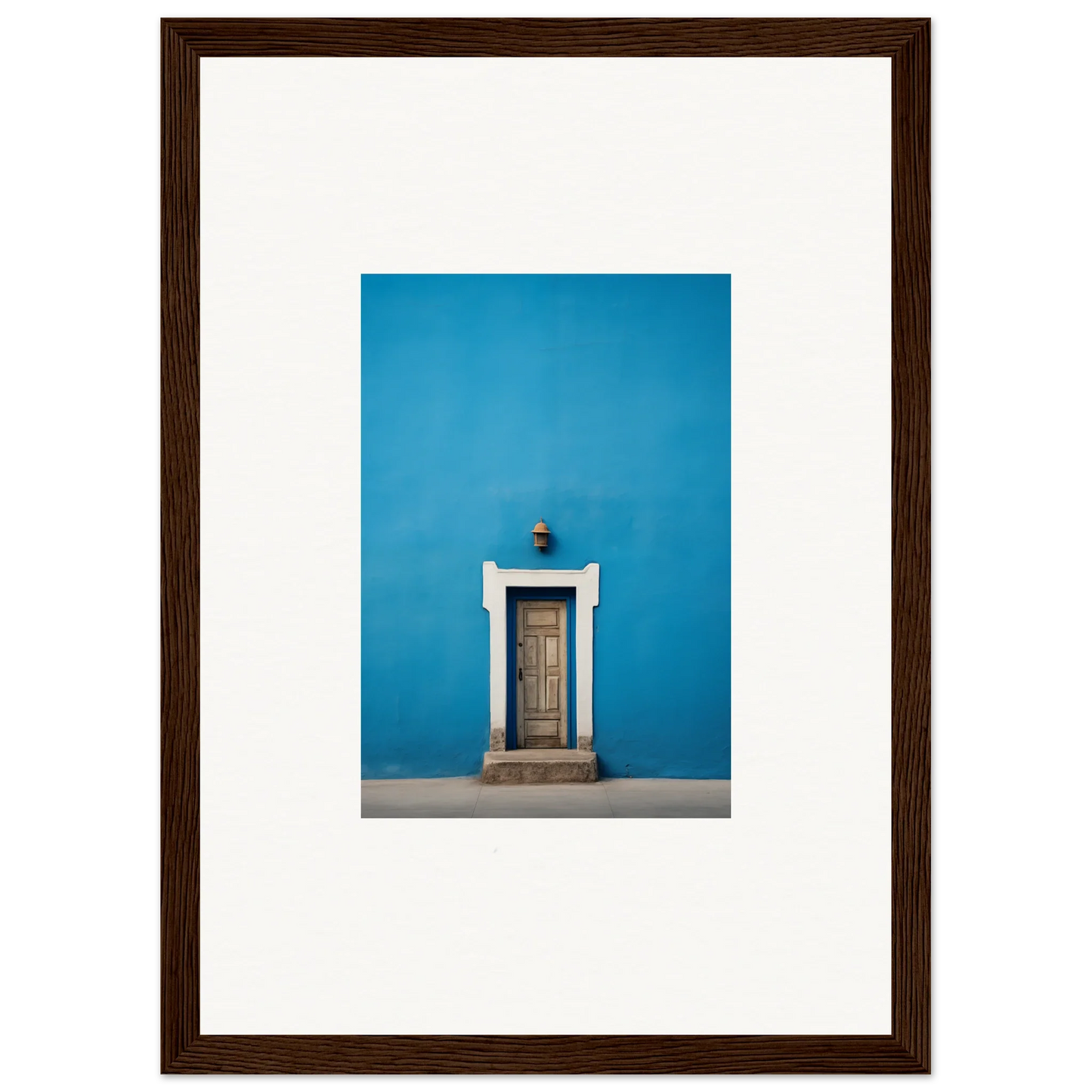 Wooden door with white trim on a bright blue wall in Eternal Cerulean Cloister art™