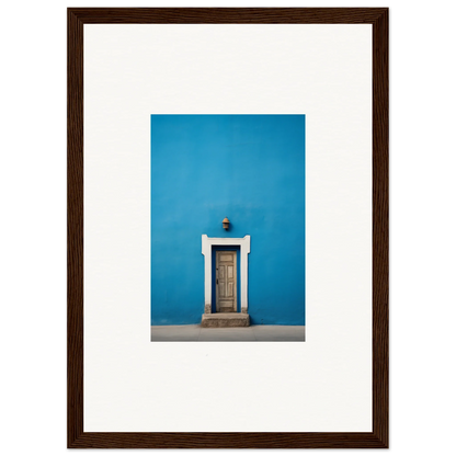 Wooden door with white trim on a bright blue wall in Eternal Cerulean Cloister art™