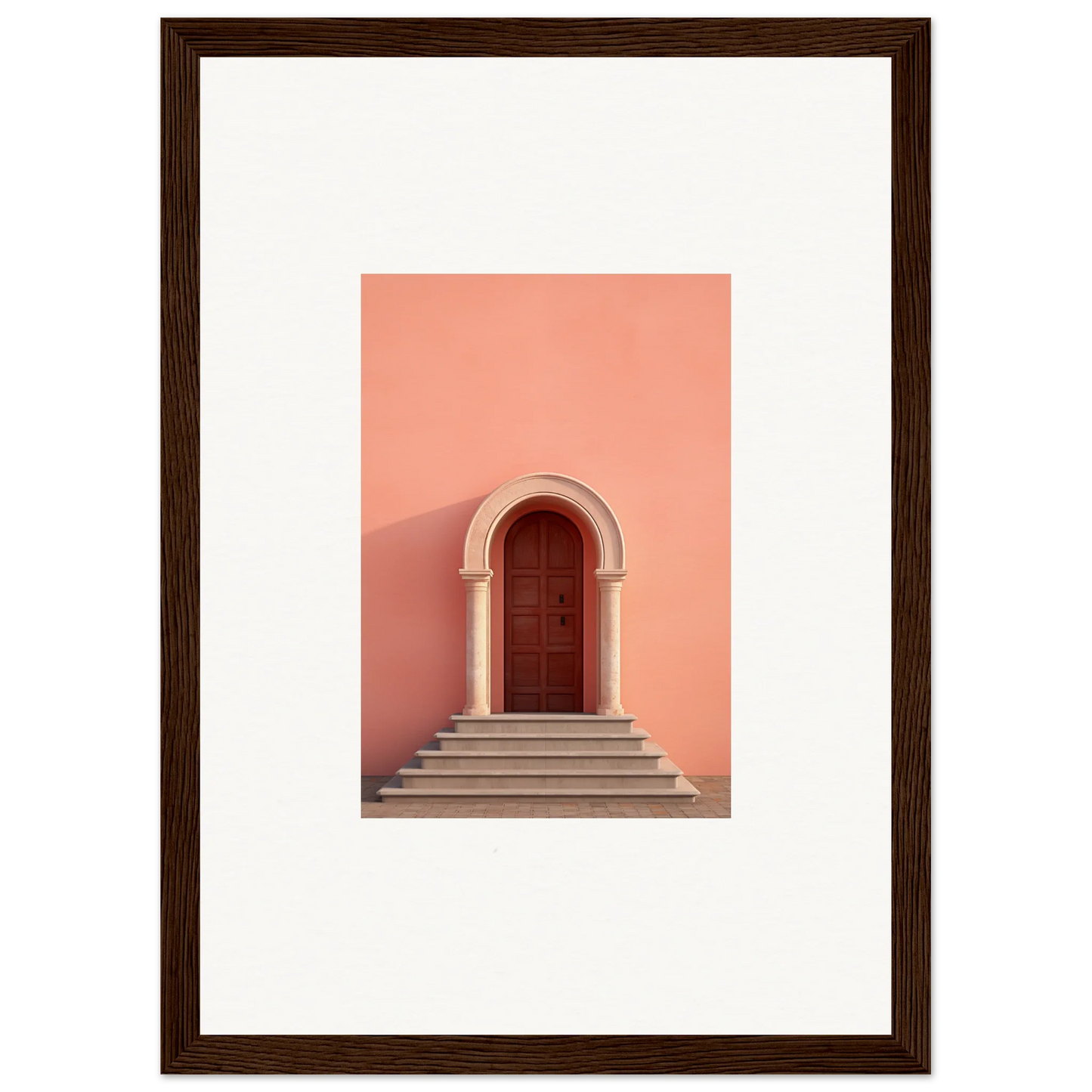 Wooden arched door with stone steps on pink wall for a stunning Ethereal Sunset Gateway