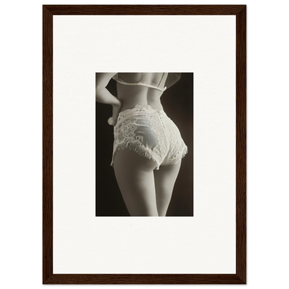 Black and white canvas print of a woman’s lower back with lace-trimmed underwear wall art