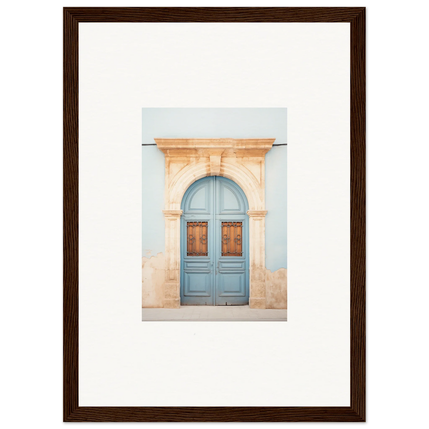 Light blue wooden door with ornate peach stone archway in Threshold of Echoes special edition art™