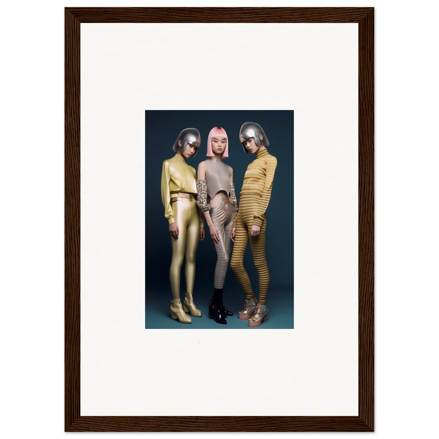 Framed wall art of three people in metallic bodysuits from Galactic Fashion Paradigm