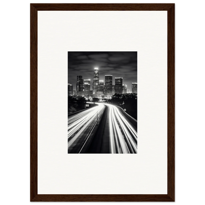 Black and white city skyline with light trails, perfect for framed wall art