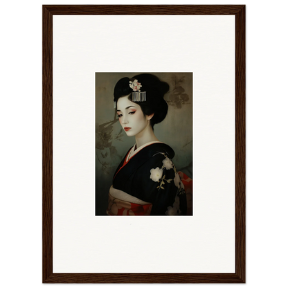 Framed wall art of a geisha in black kimono for Cherry Dream Surrealism special edition