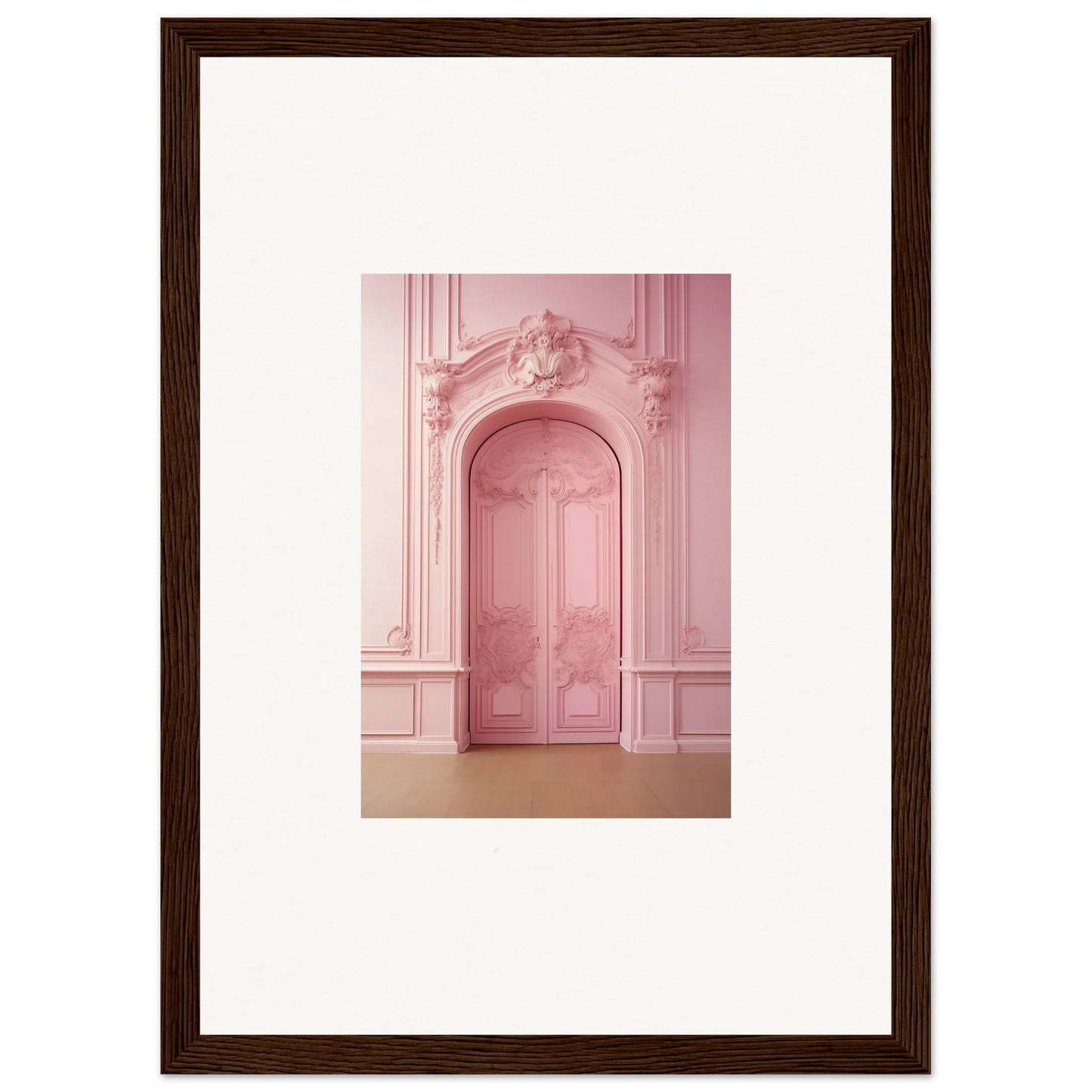 Ornate pink door with detailed molding for Gentle Whims Myths premium framed wall art