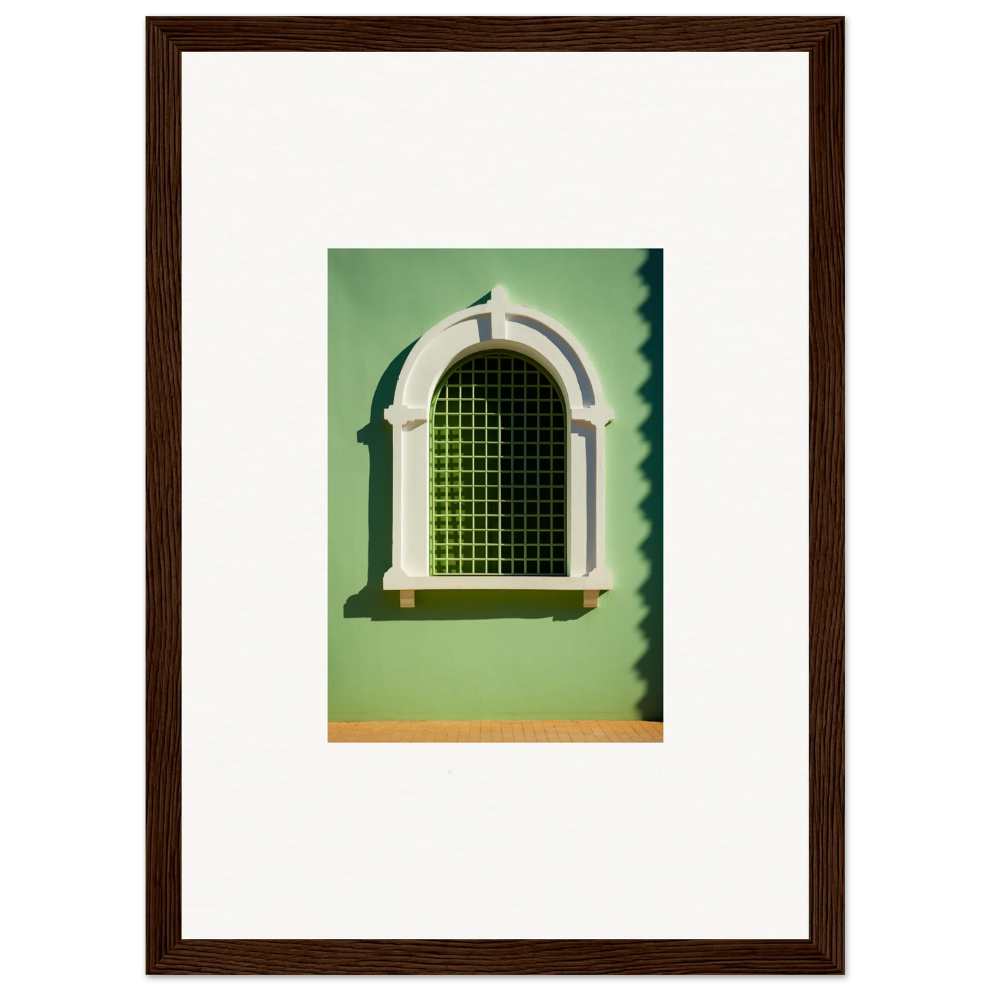 Arched Visible Equilibrium Window with white trim and green metal grating design