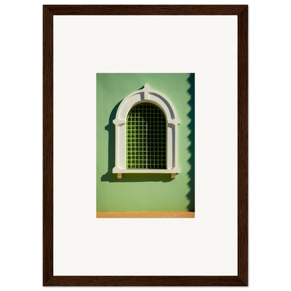 Arched Visible Equilibrium Window with white trim and green metal grating design