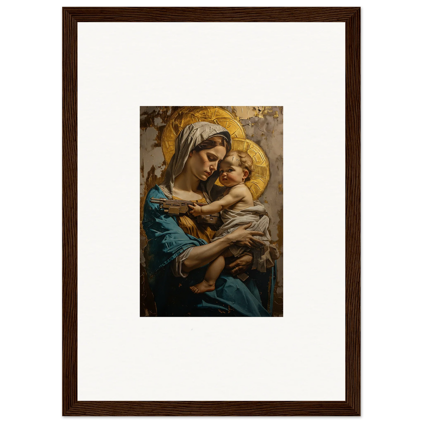 Framed canvas print of Sacred Embrace, featuring a woman and baby with golden halos for wall art