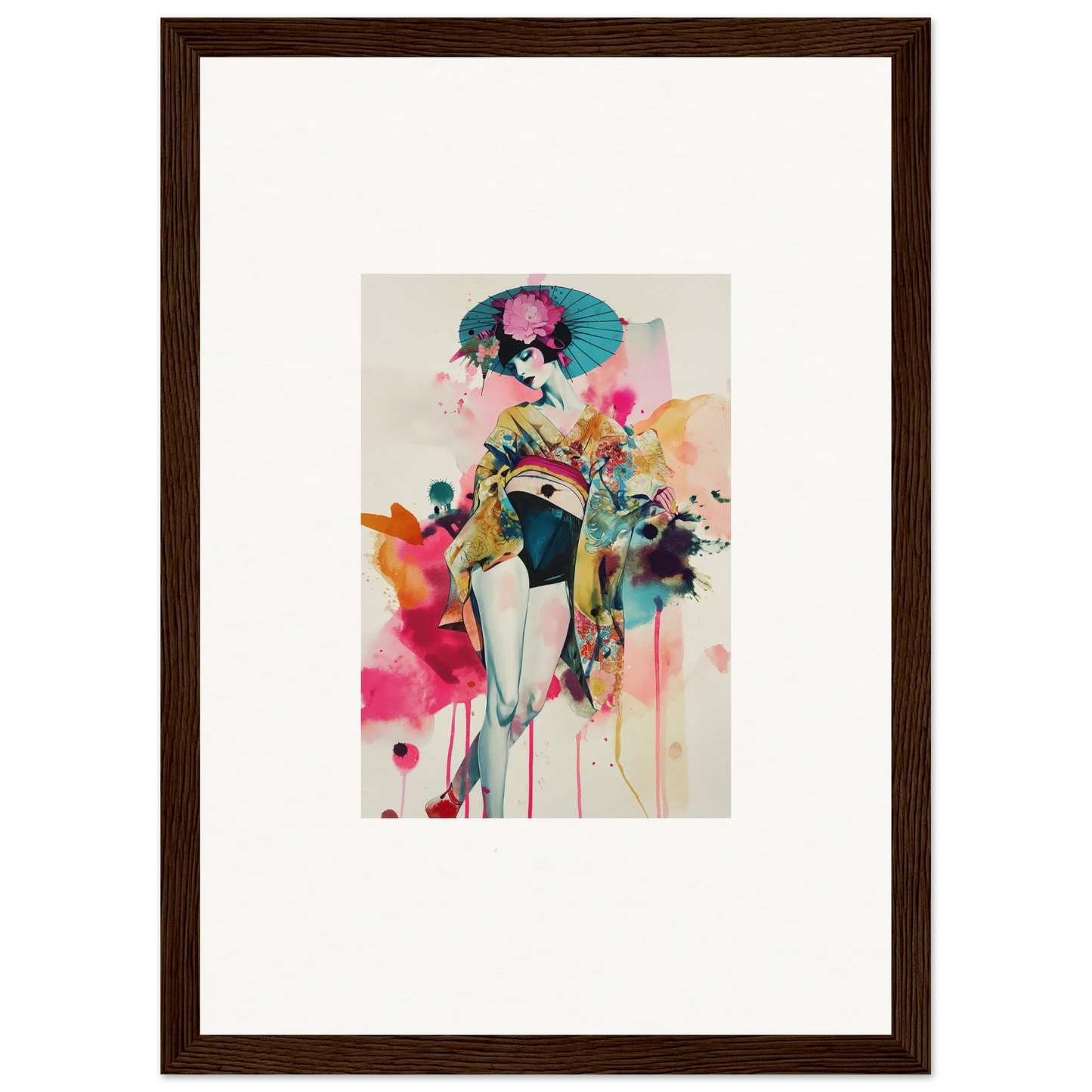 Colorful abstract watercolor female figure with a parasol for stunning wall art