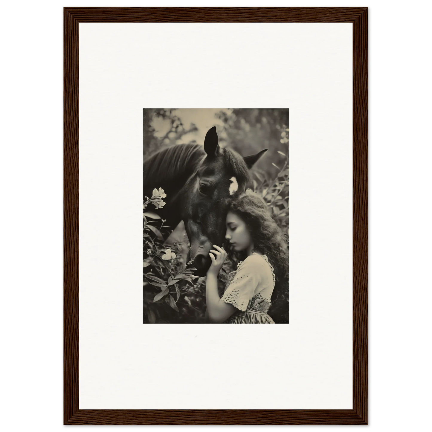 Framed black and white photo of a girl with a horse, perfect for room decoration wall art