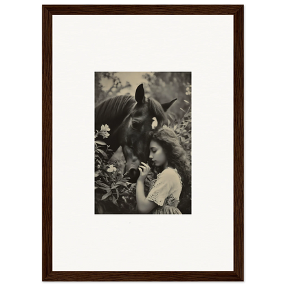 Framed black and white photo of a girl with a horse, perfect for room decoration wall art