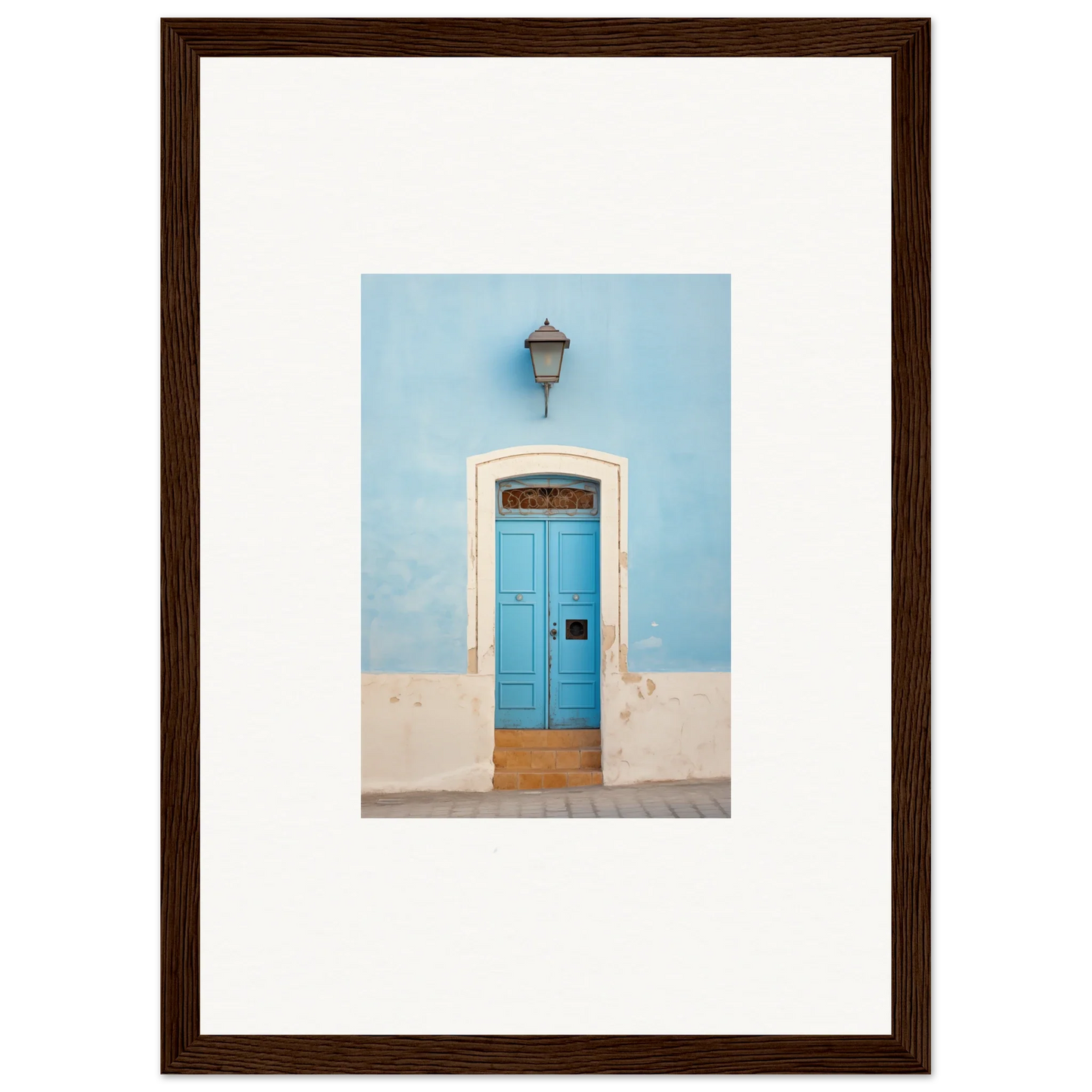 Bright blue wooden door in arched stone frame, perfect for Surreal Azure Vesaurrezz art