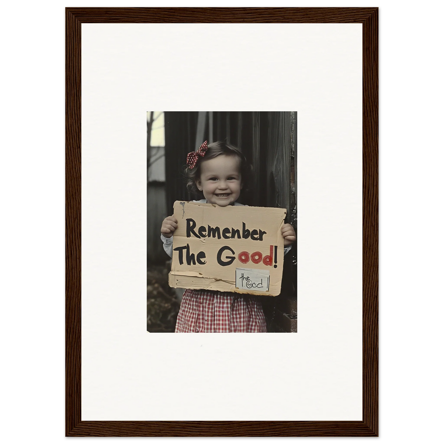 Framed black and white photo of a child with a sign, part of Smiles Forlornly Singing art