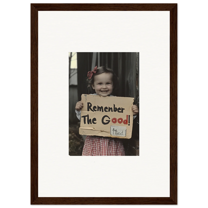 Framed black and white photo of a child with a sign, part of Smiles Forlornly Singing art