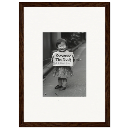 Vintage black and white photo in a frame with a child holding a sign for Whimsy Echo Memory