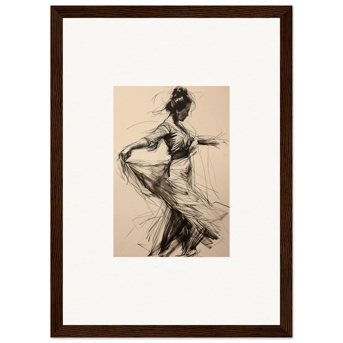 Charcoal sketch of a dancer in flowing dress for Ephemeral Motion Whispers art