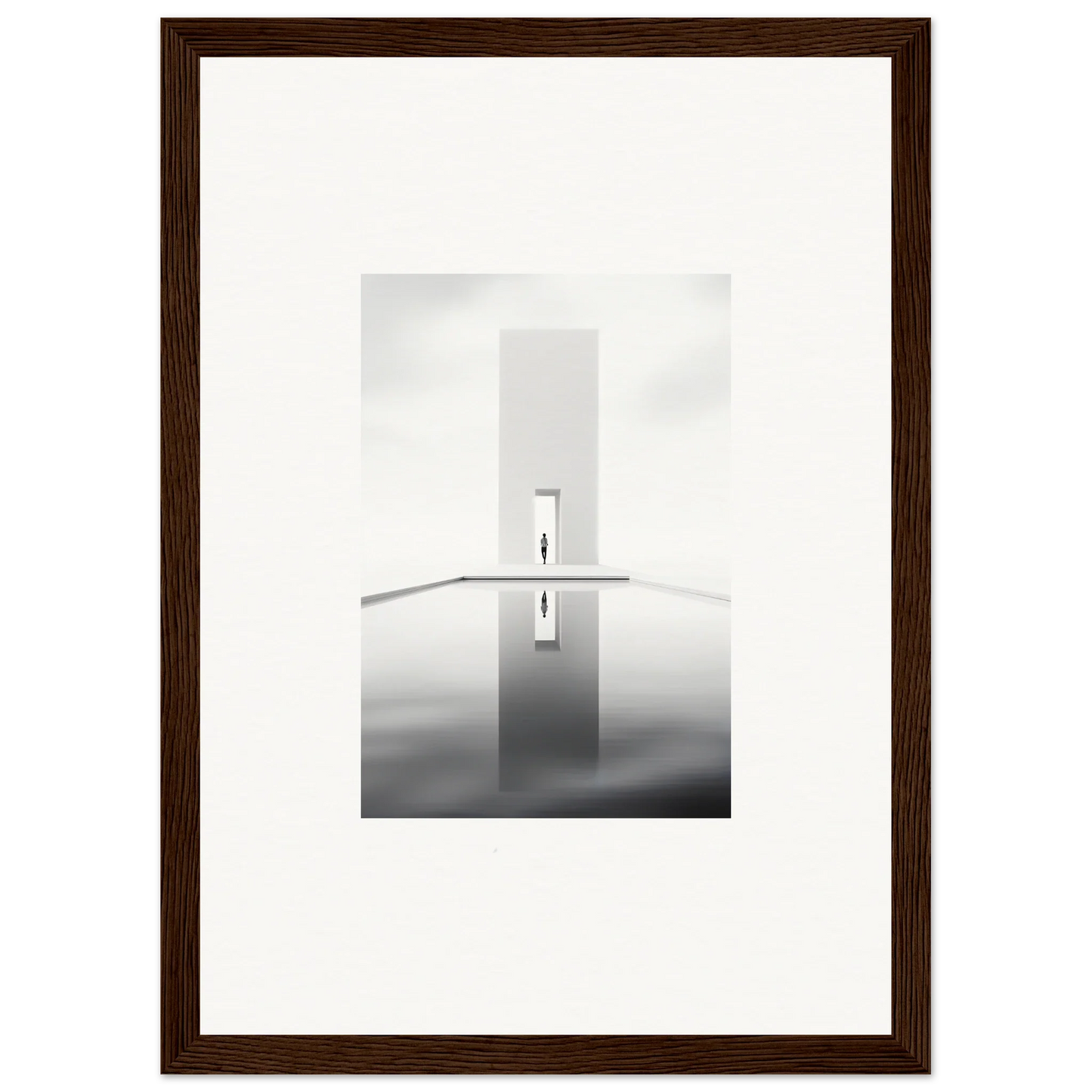 Framed black and white minimalist art of a structure reflecting below in Dreamer’s Vanishing Silhouette