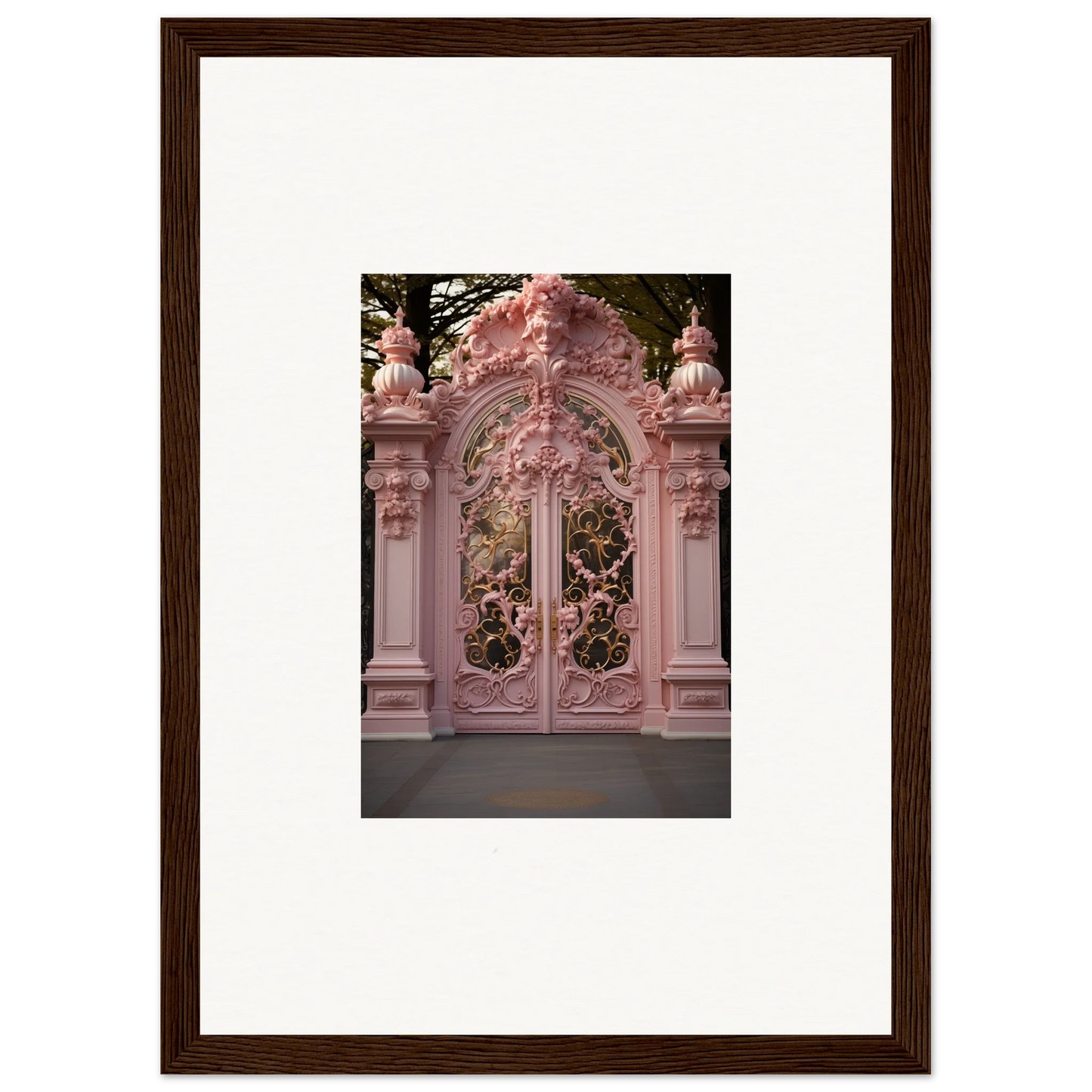 Ornate pink baroque gates with decorative pillars in Opulent Doorscape Divinity