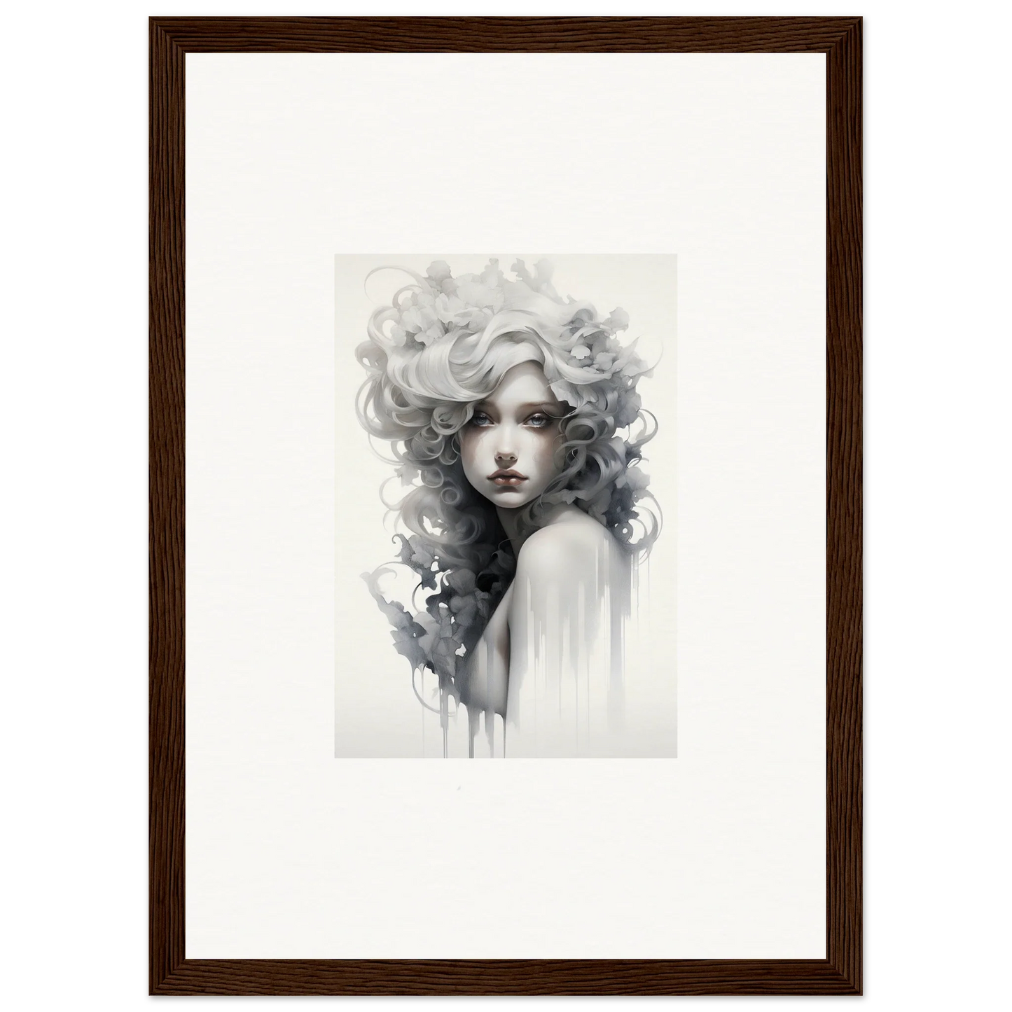 Black and white watercolor portrait of flowing hair in Visions Veil Morphling framed art