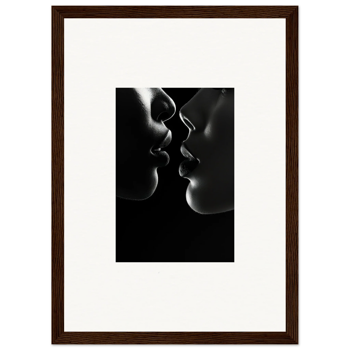 Silhouetted profiles about to kiss in Midnight Kiss Darkness framed wall art