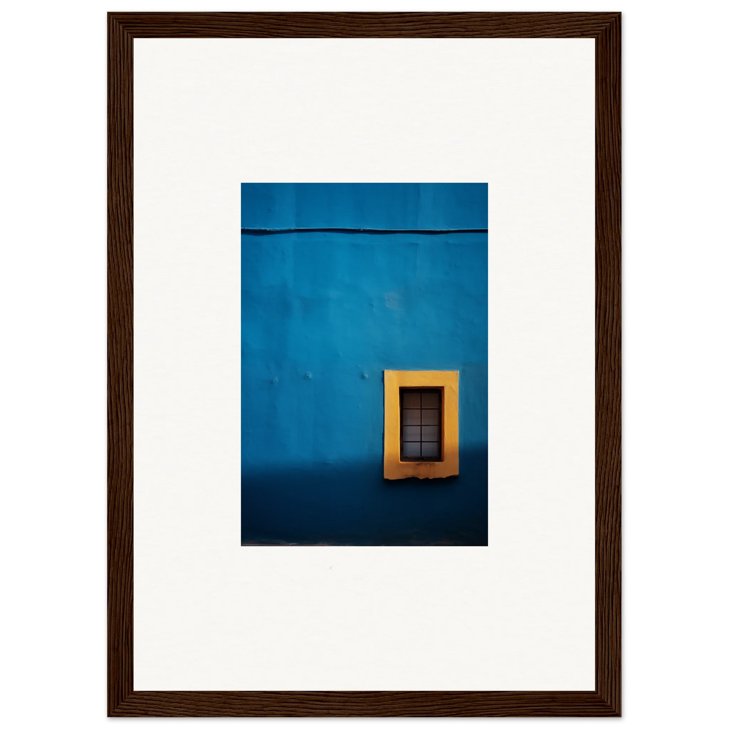 Vibrant yellow-framed window on a blue wall, part of Hypercolor Dreamscape Longitude