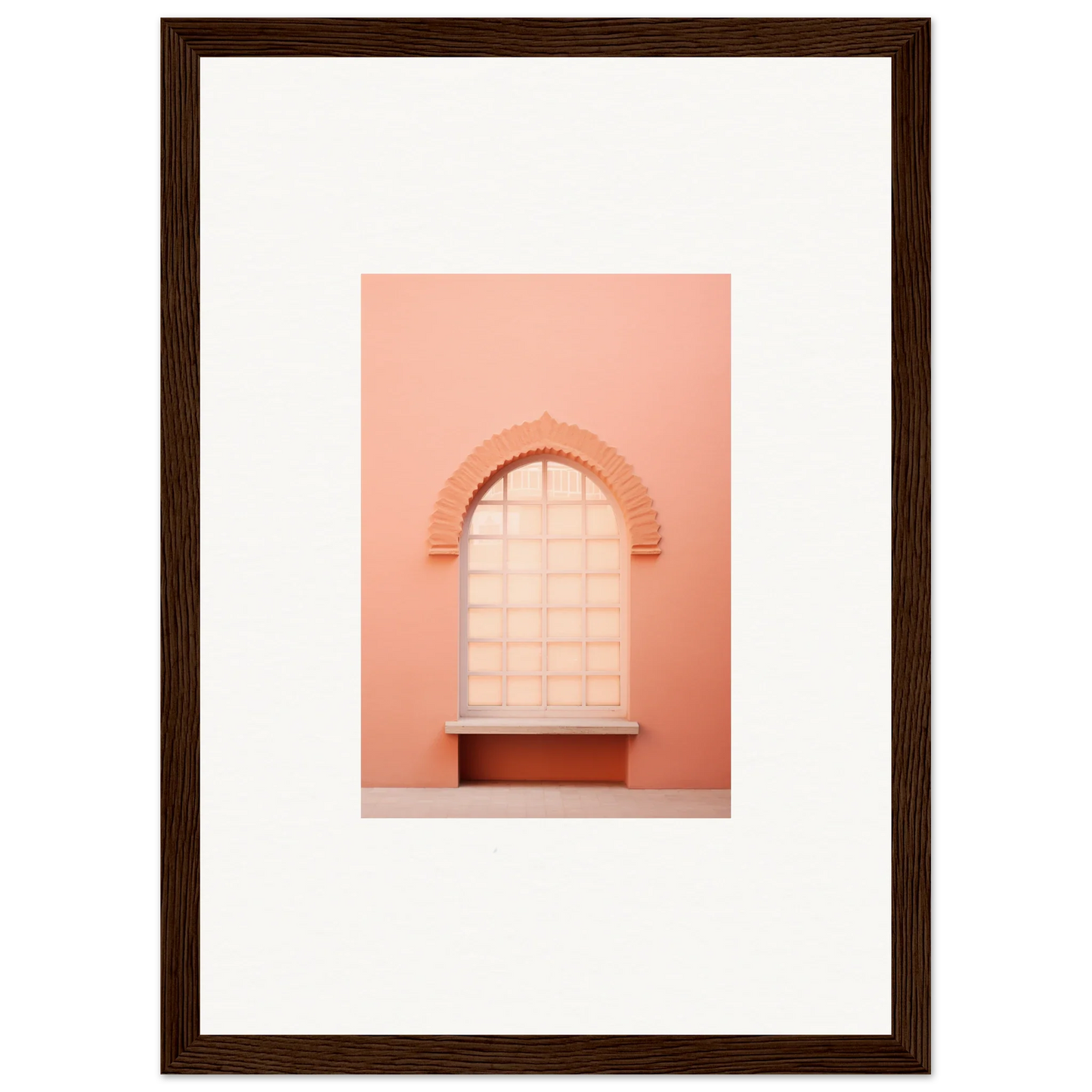 Arched window with blinds on a peachy-pink wall from Windows Morning Whisper art