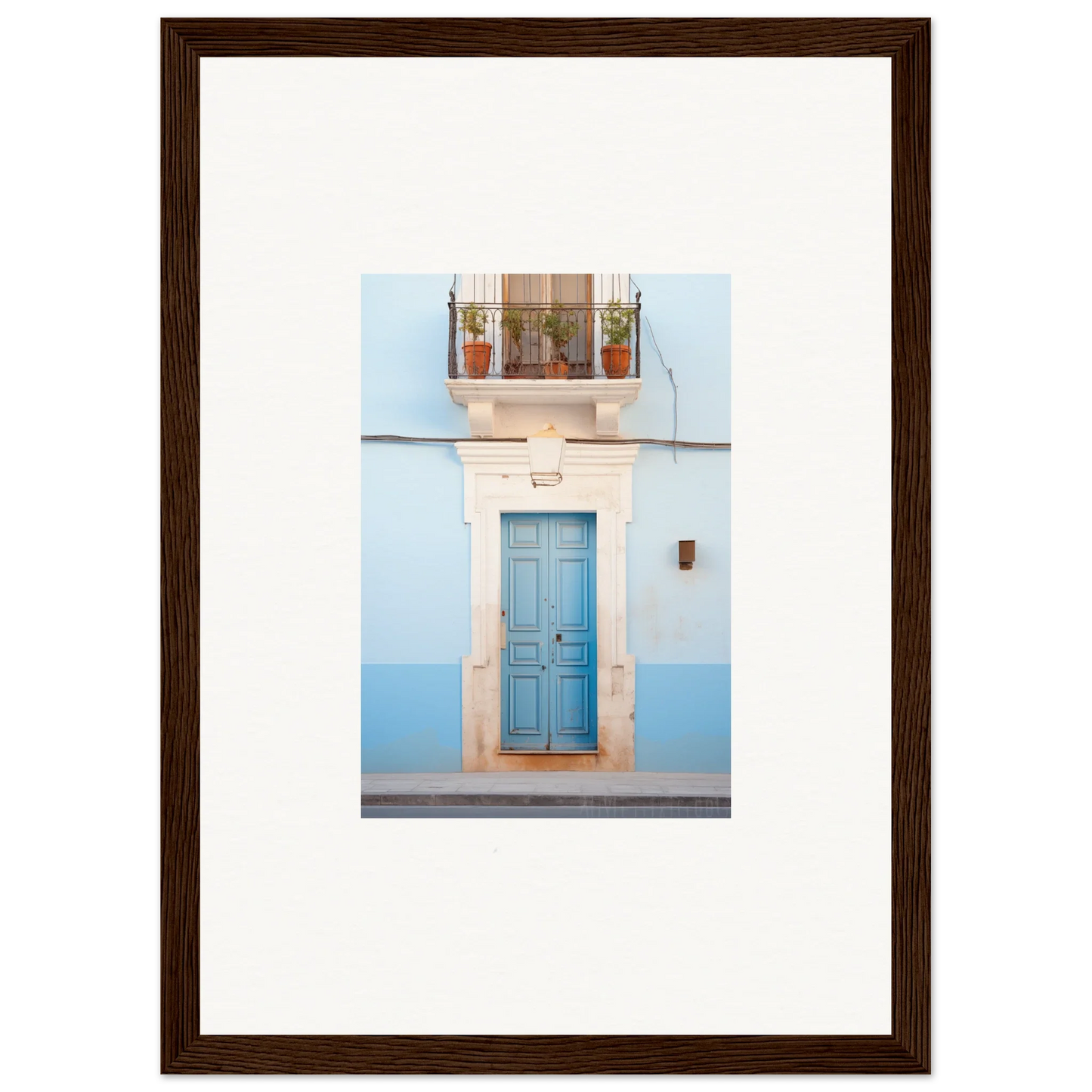 Light blue wooden door with white stone frame in Ethereal Azul Entrance art print