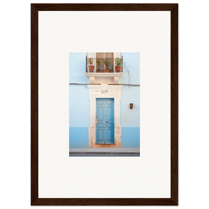 Light blue wooden door with white stone frame in Ethereal Azul Entrance art print