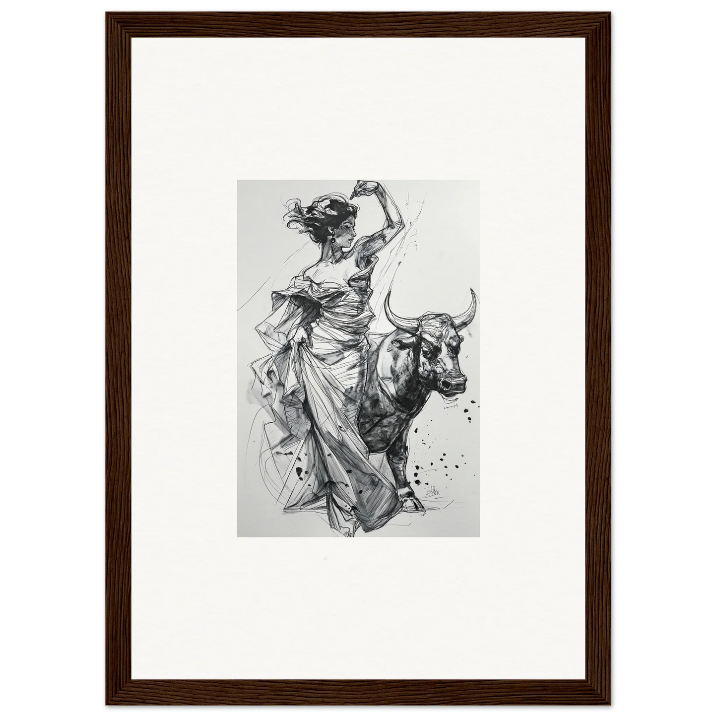 Dynamic black and white sketch of a woman in robes riding a bull from Tauripe Mystique Visions