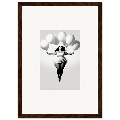 Artistic black and white photo of a figure with balloons, Rosy Liberties Soar framed wall art