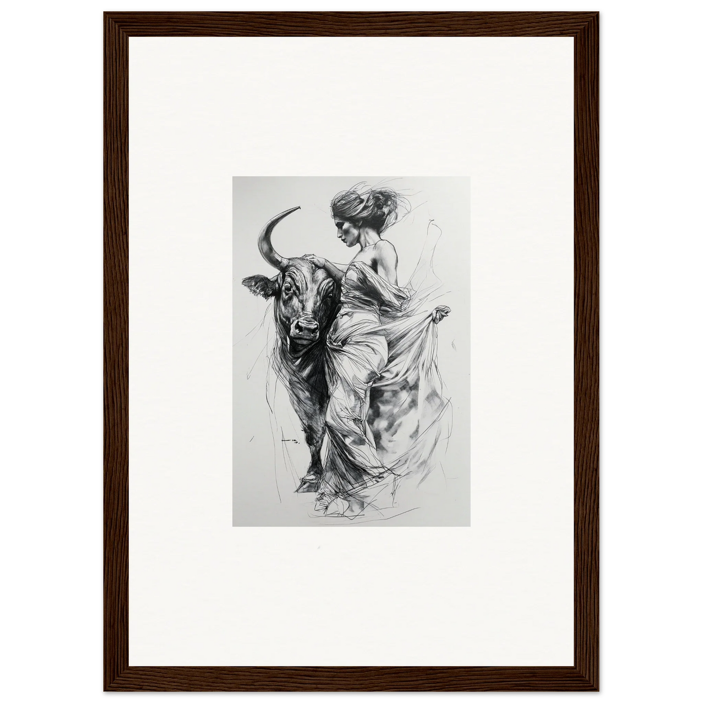 Black and white sketch of a flowing figure with a bull in Marvelous Taurine Serenade art