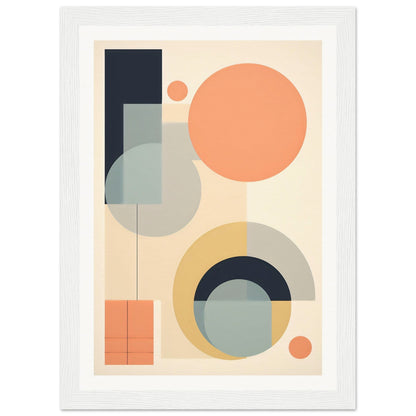 Abstract geometric artwork featuring circles, semicircles, and rectangles in muted pastel colors.