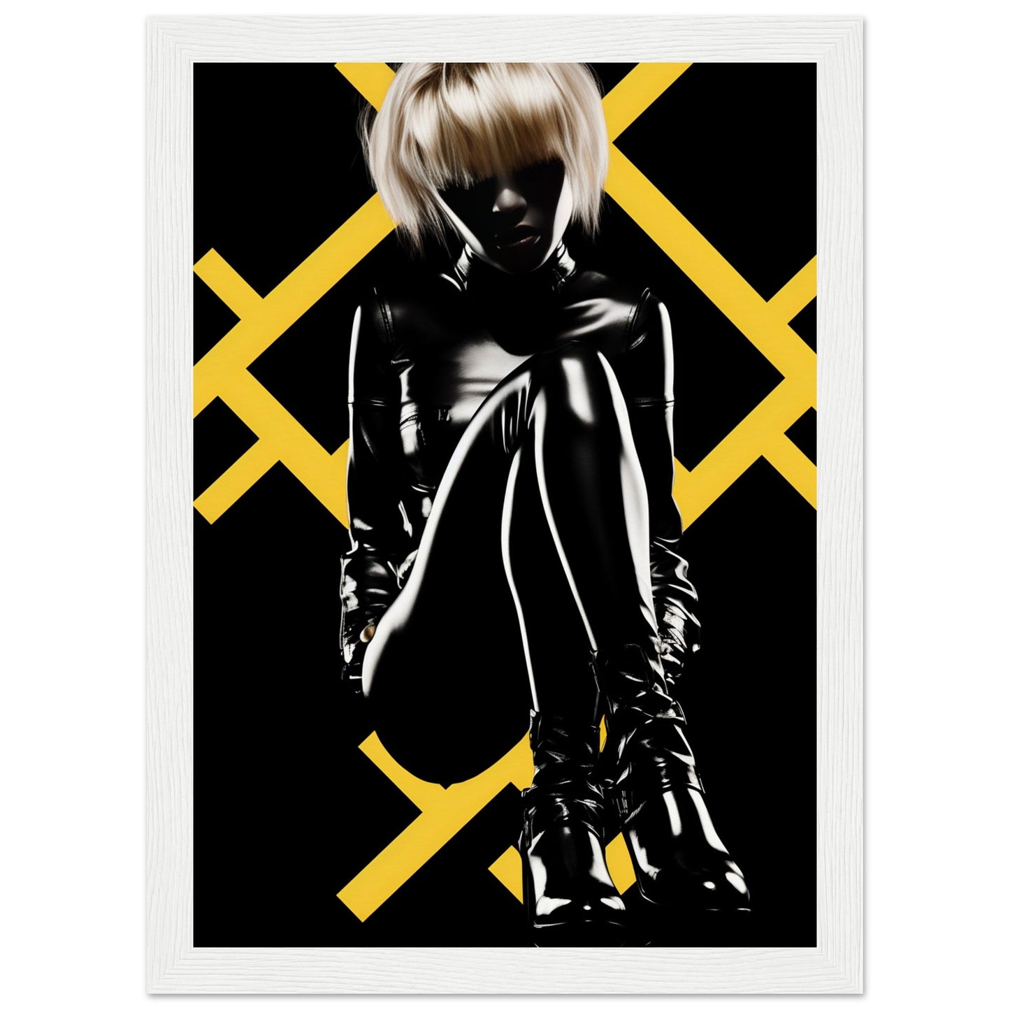 Silhouette of a person in shiny black clothing with platinum blonde hair against a geometric yellow and black background.