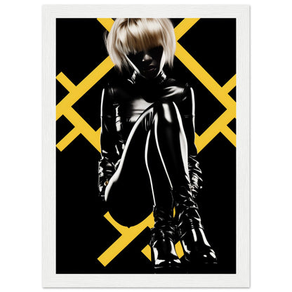 Silhouette of a person in shiny black clothing with platinum blonde hair against a geometric yellow and black background.