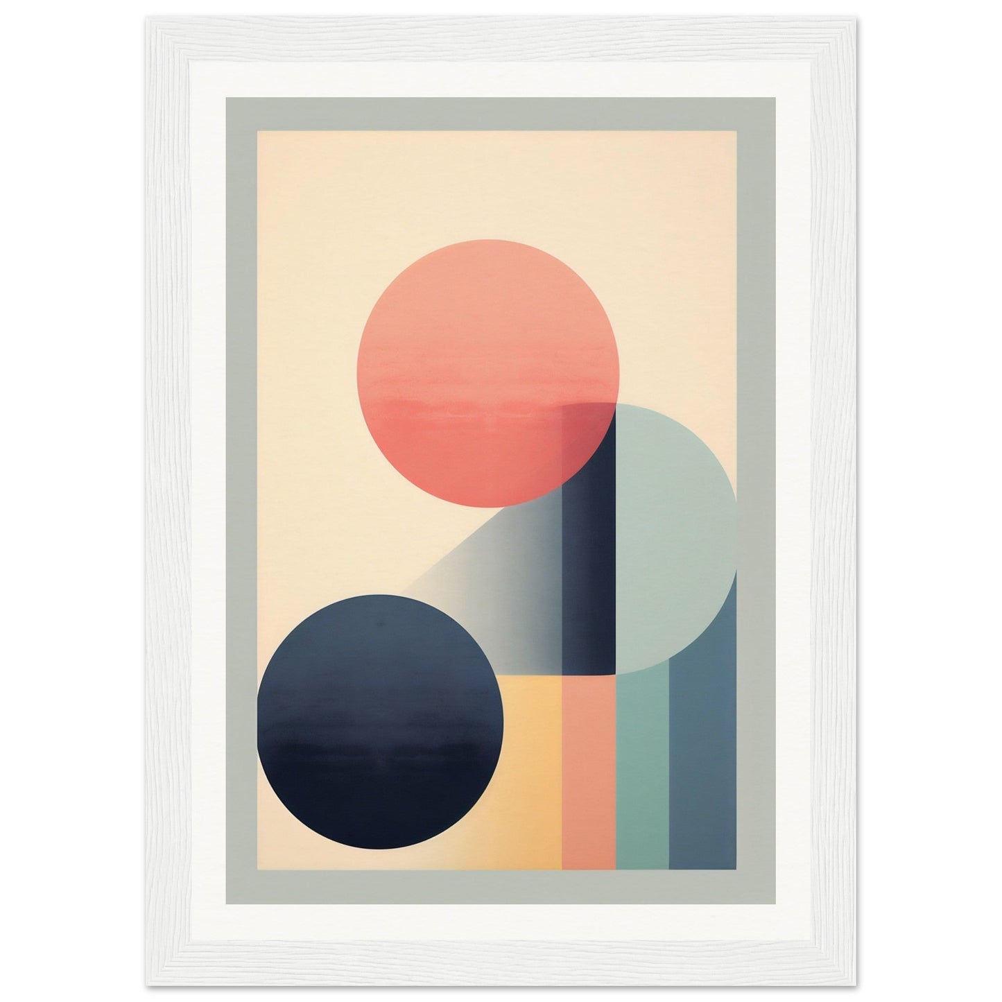 Abstract geometric artwork featuring circles and rectangular shapes in muted pastel colors.