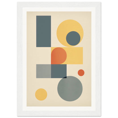 Abstract geometric artwork featuring circles, rectangles, and squares in muted colors.