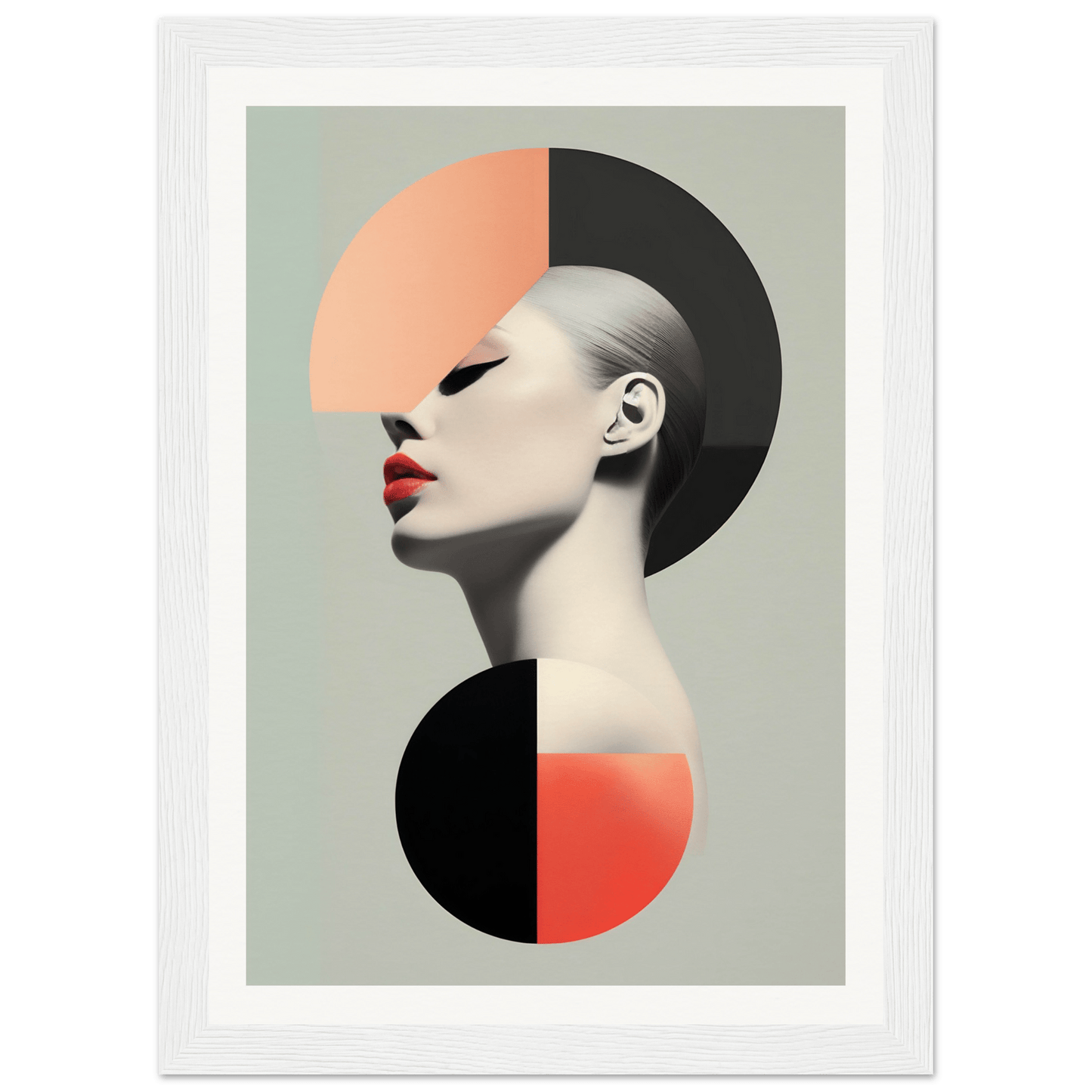 Stylized portrait of a figure with geometric shapes and contrasting colors.