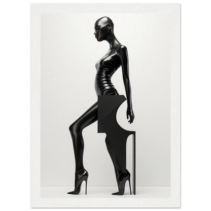 Sleek black mannequin in a stylized pose wearing high heels.