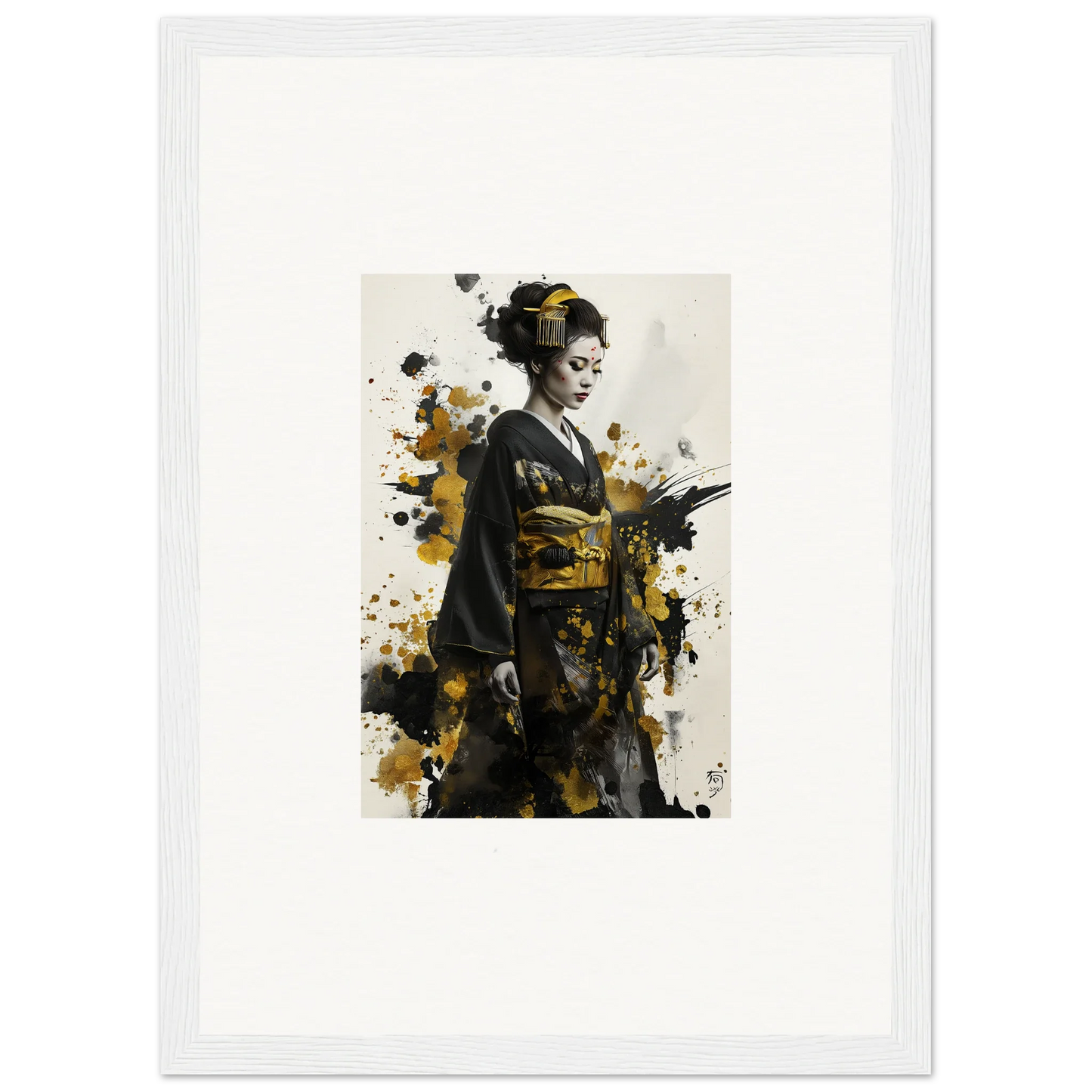 Artistic portrait of a Geisha in kimono with black and gold paint for Eclipsed Ukiyo Symphony