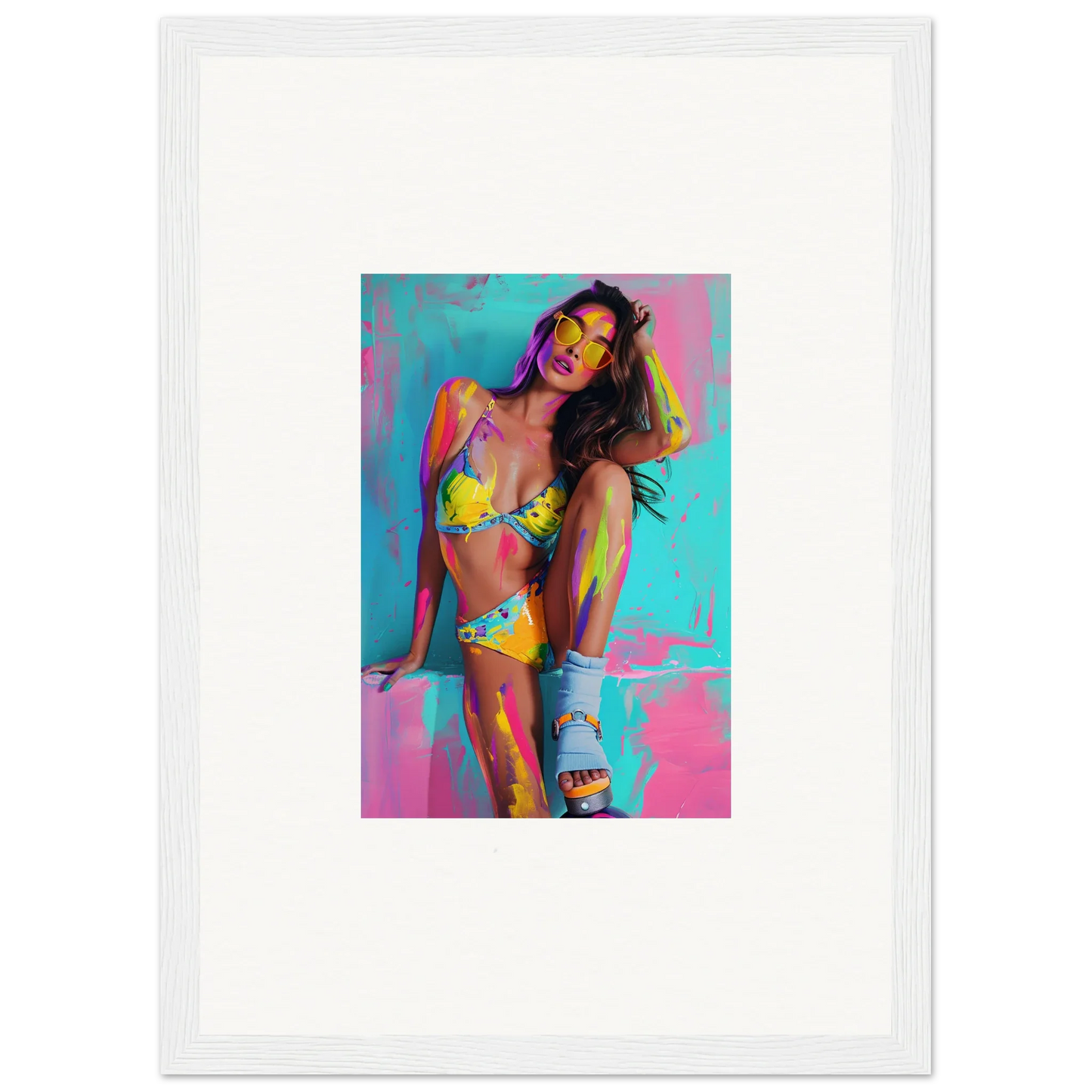 Colorful woman in a yellow bikini, perfect canvas print for vibrant room decoration