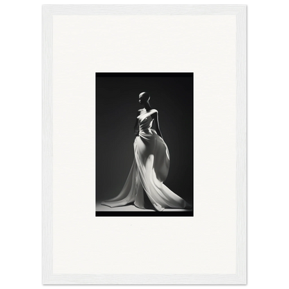 Elegant black and white photo of a figure in Gossamer Ivory Whispers evening gown